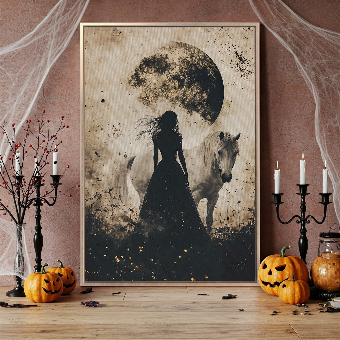 Framed Wall Art: Gothic woman and horse under a moon, sepia tones. Perfect Halloween decor! Add spooky elegance to your home with this canvas print.