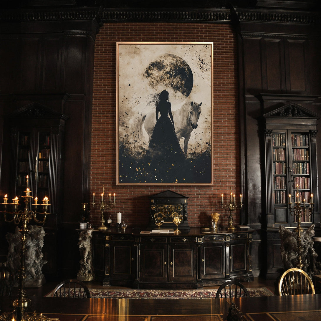 Framed Wall Art: Silhouette of woman & horse under a moon. Gothic style, sepia & black palette. Perfect for adding a touch of mystery to your space.