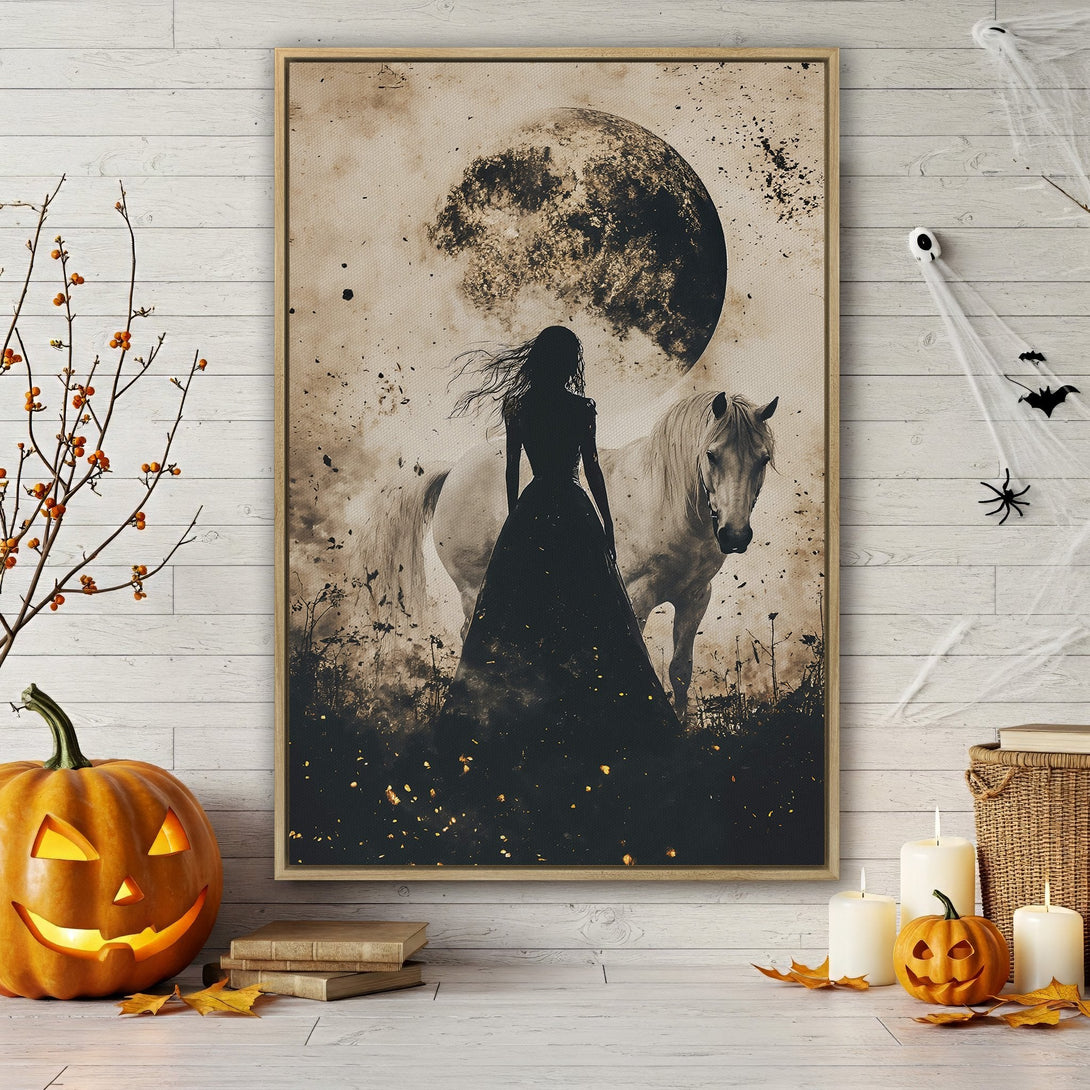 Framed Wall Art: Silhouette of woman and horse under a full moon, sepia tones. Perfect Halloween decor, adds a touch of mystery to any space.
