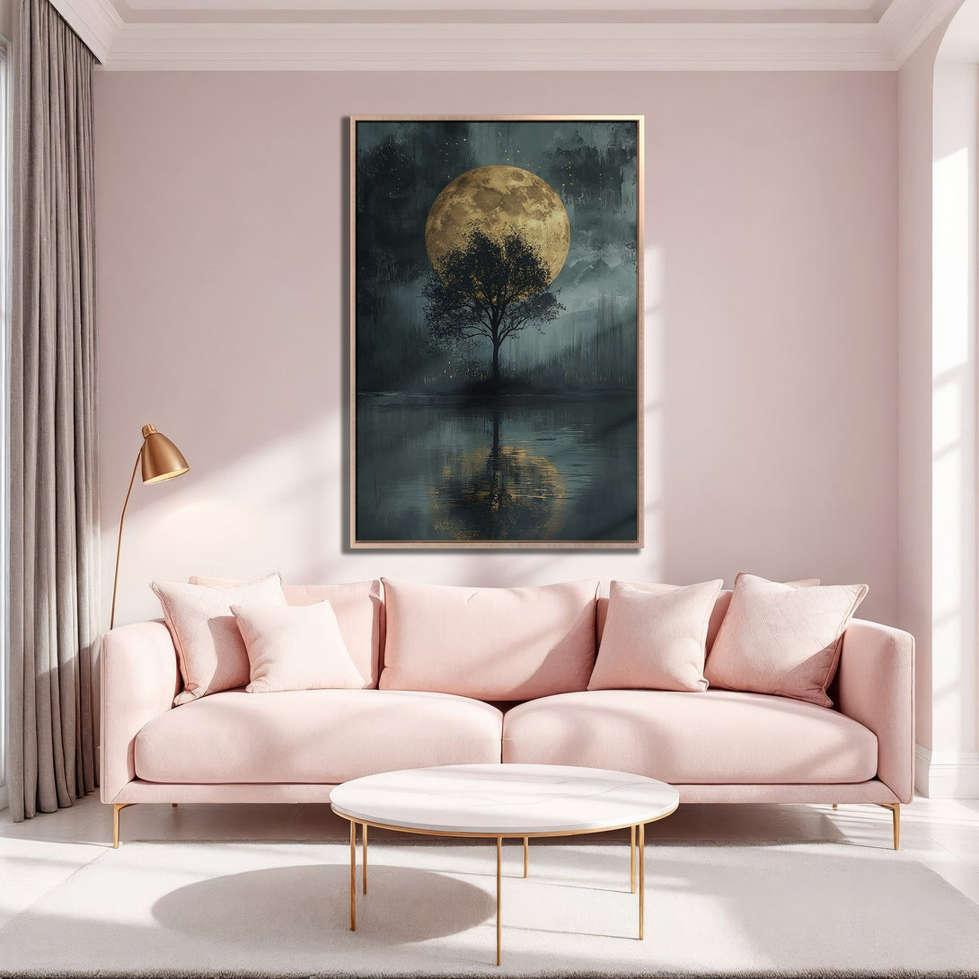 Framed Wall Art featuring a serene moonlit tree landscape in a dark, moody style. Earthy tones and gold accents create a calming, elegant vibe.