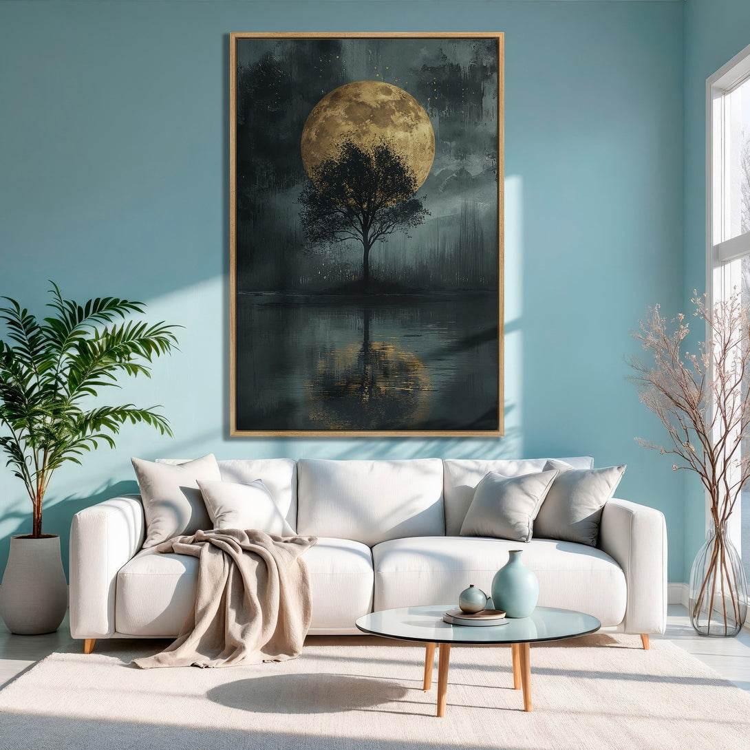 Framed Wall Art: Abstract moonlit tree scene in a moody, dark color palette. Adds a touch of elegance to any space. Shop now!