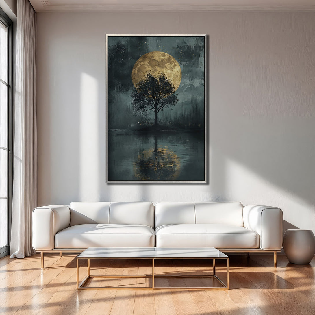 Framed Wall Art: Moonlit tree landscape canvas print in moody teal and gold. Modern art for living room decor.