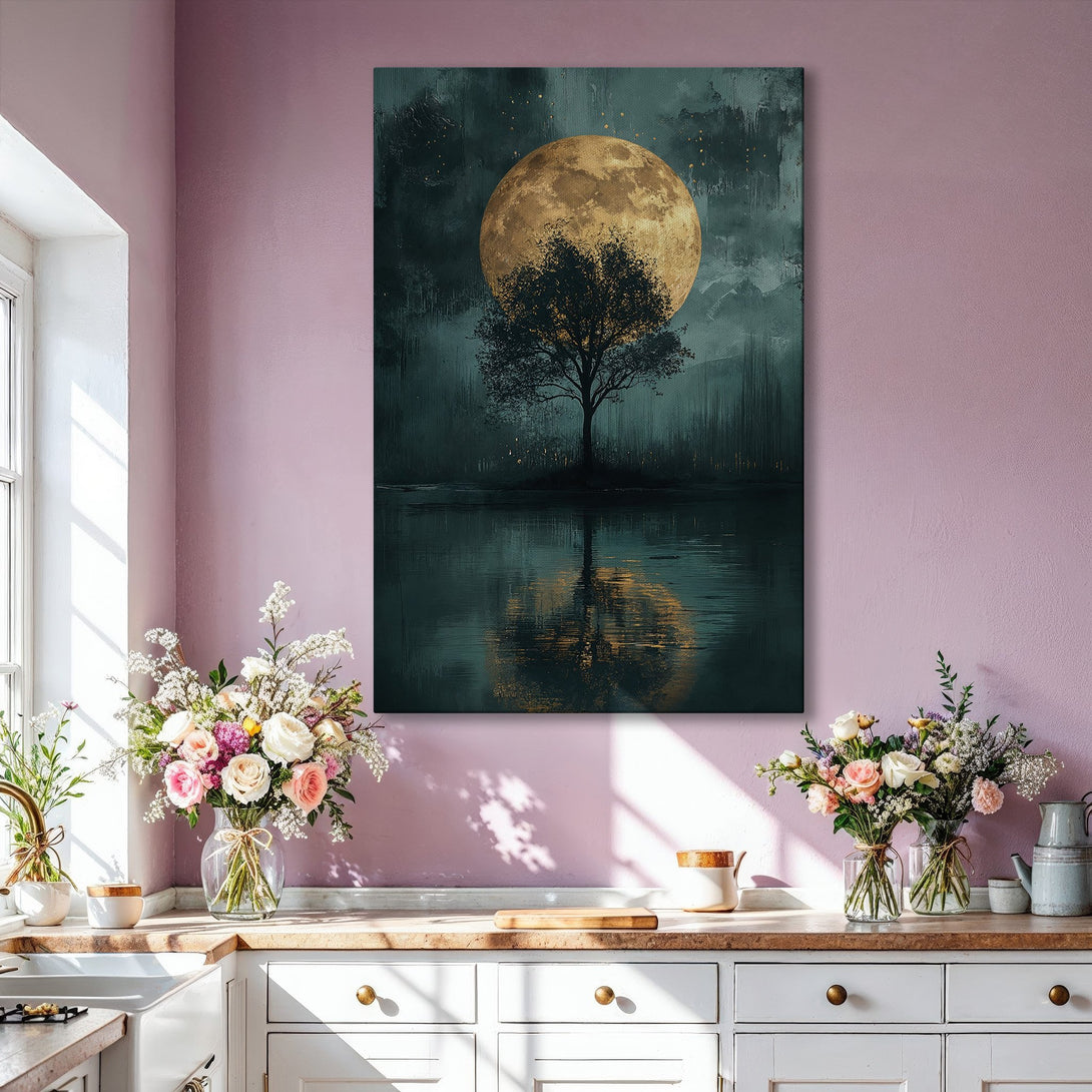 Framed Wall Art: Serene landscape Canvas Print featuring a golden moon and tree reflected in water, with a moody teal and gold color palette. Perfect for any room.