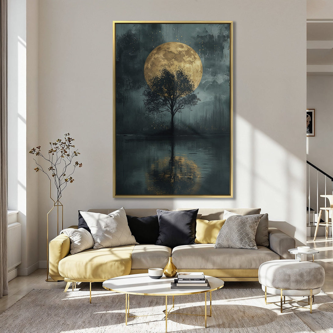 Canvas Print of a moonlit tree scene in teal and gold, perfect for adding a touch of serene art to your home.