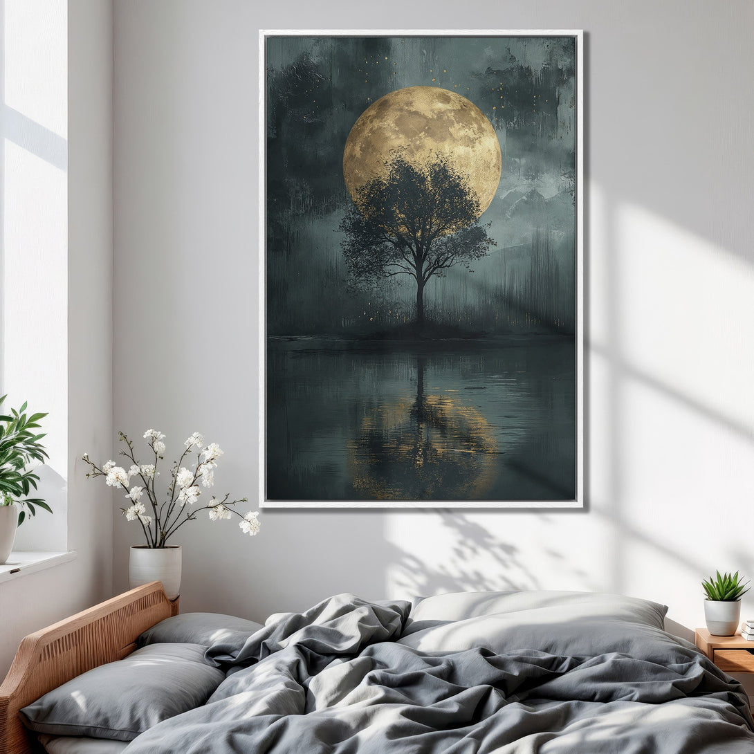 Framed Wall Art featuring a serene moonlit tree landscape in a moody teal and gold color palette, perfect for bedroom decor.