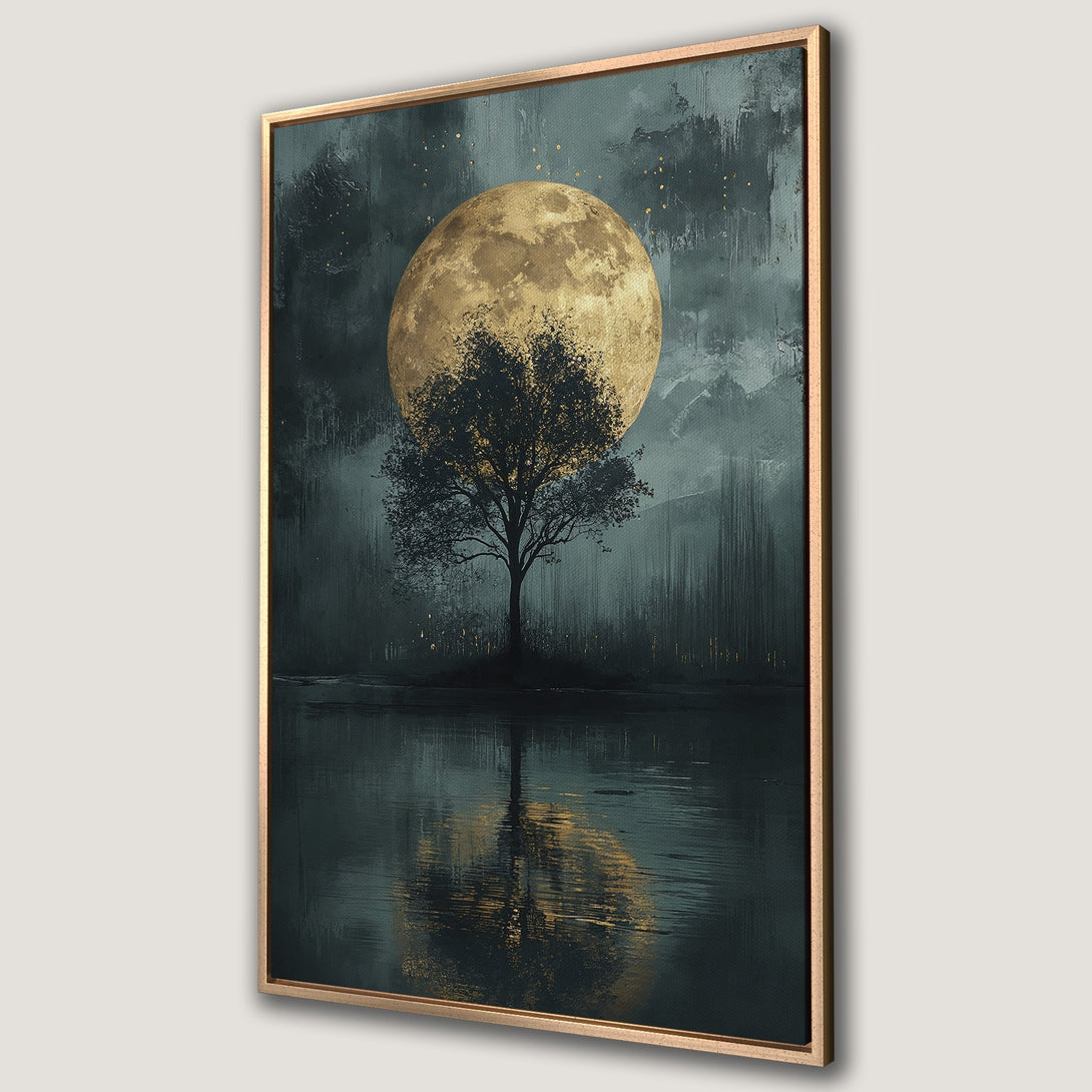 Framed Wall Art: Serene landscape Canvas Print featuring a tree silhouette against a golden moon, in a moody teal and gold color palette. Perfect for any space.