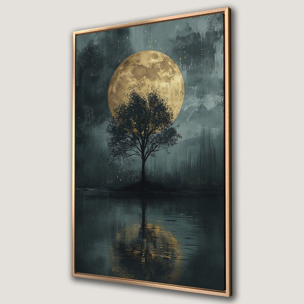Framed Wall Art: Serene landscape Canvas Print featuring a tree silhouette against a golden moon, in a moody teal and gold color palette. Perfect for any space.