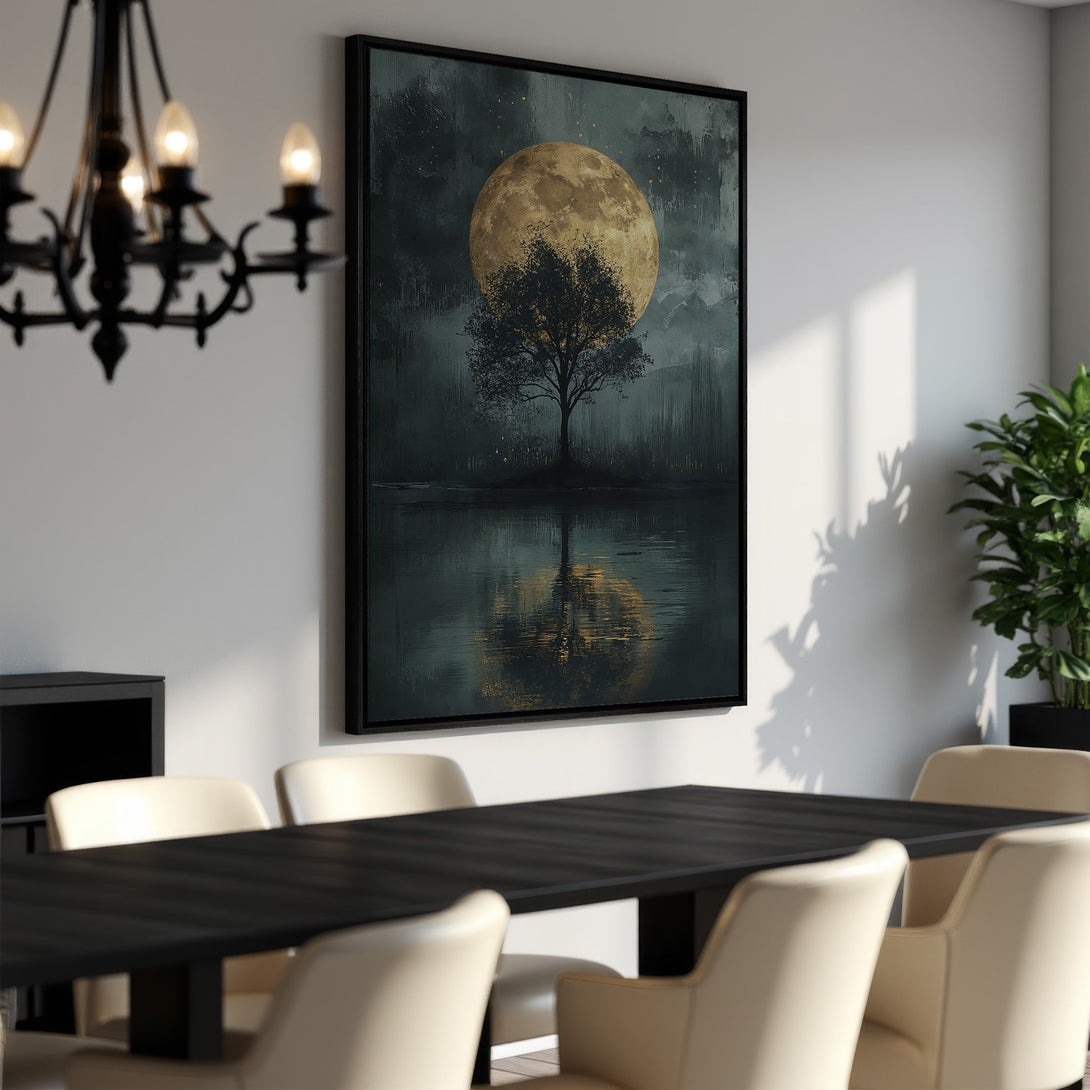 Framed Wall Art: Moonlit tree landscape canvas print in moody teal and gold. Perfect for adding a touch of art to your dining room.