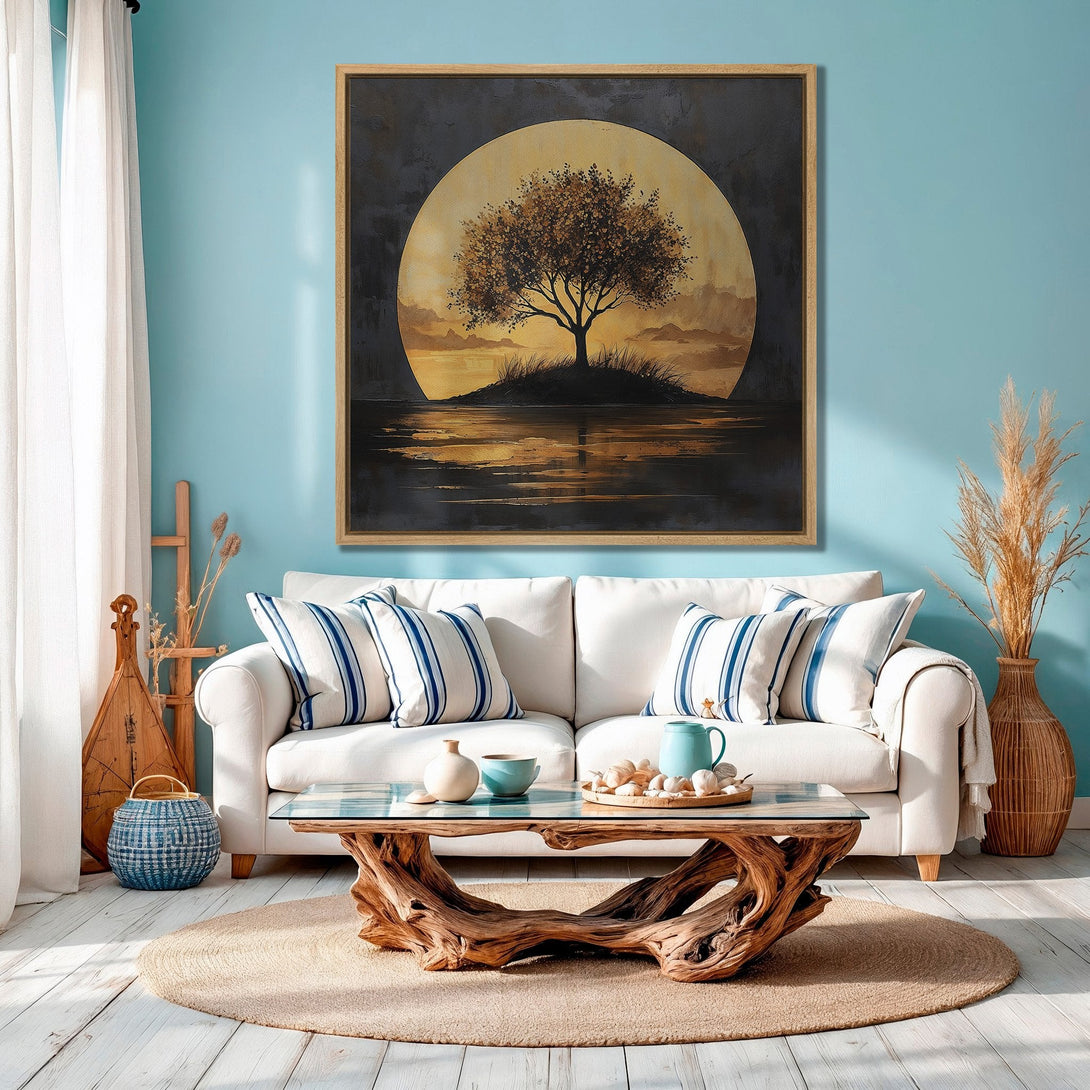 Framed Wall Art featuring a serene tree silhouette against a golden sunset. Earthy tones of gold, brown, and black create a calming, modern aesthetic. Perfect for any room!