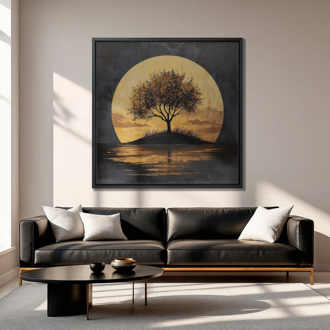 Framed Wall Art: Serene landscape Canvas Print with a tree silhouette, warm gold and black tones, perfect for modern home decor.