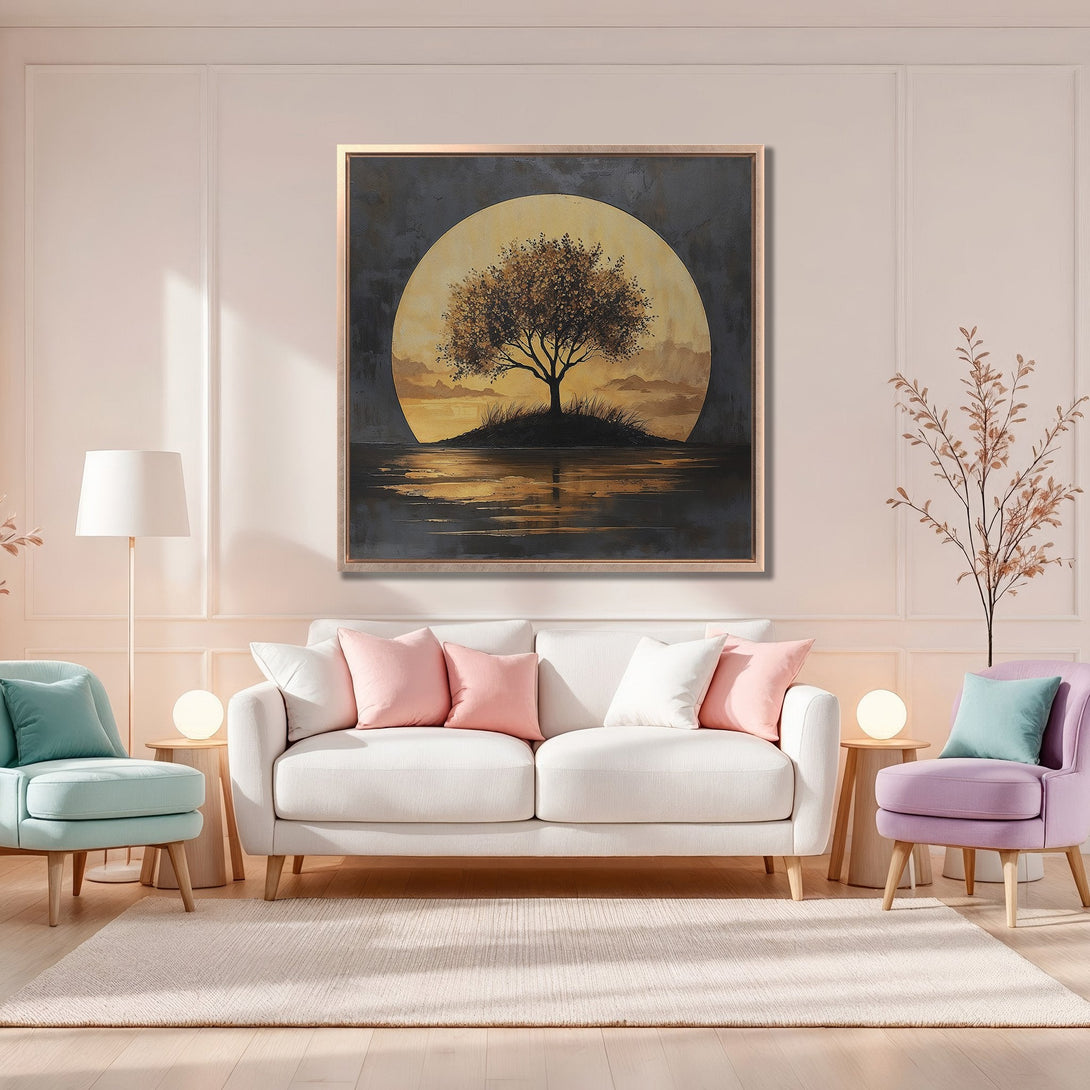 Framed Wall Art: Landscape painting of a tree in a warm, neutral palette. Modern art decor in a cozy, light-filled interior.