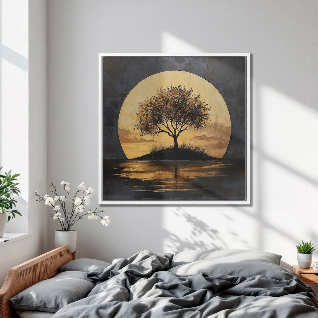 Framed Wall Art: Tranquil tree landscape canvas print in neutral tones. Perfect for bedroom decor. Enhance your space with this serene artwork.
