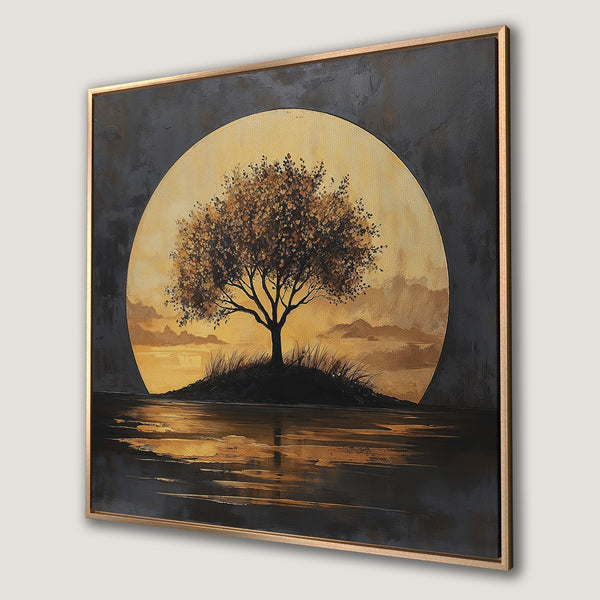 Framed Wall Art: Abstract tree landscape in gold and black. Modern art canvas print, perfect for living room or bedroom decor. Adds warmth and style.