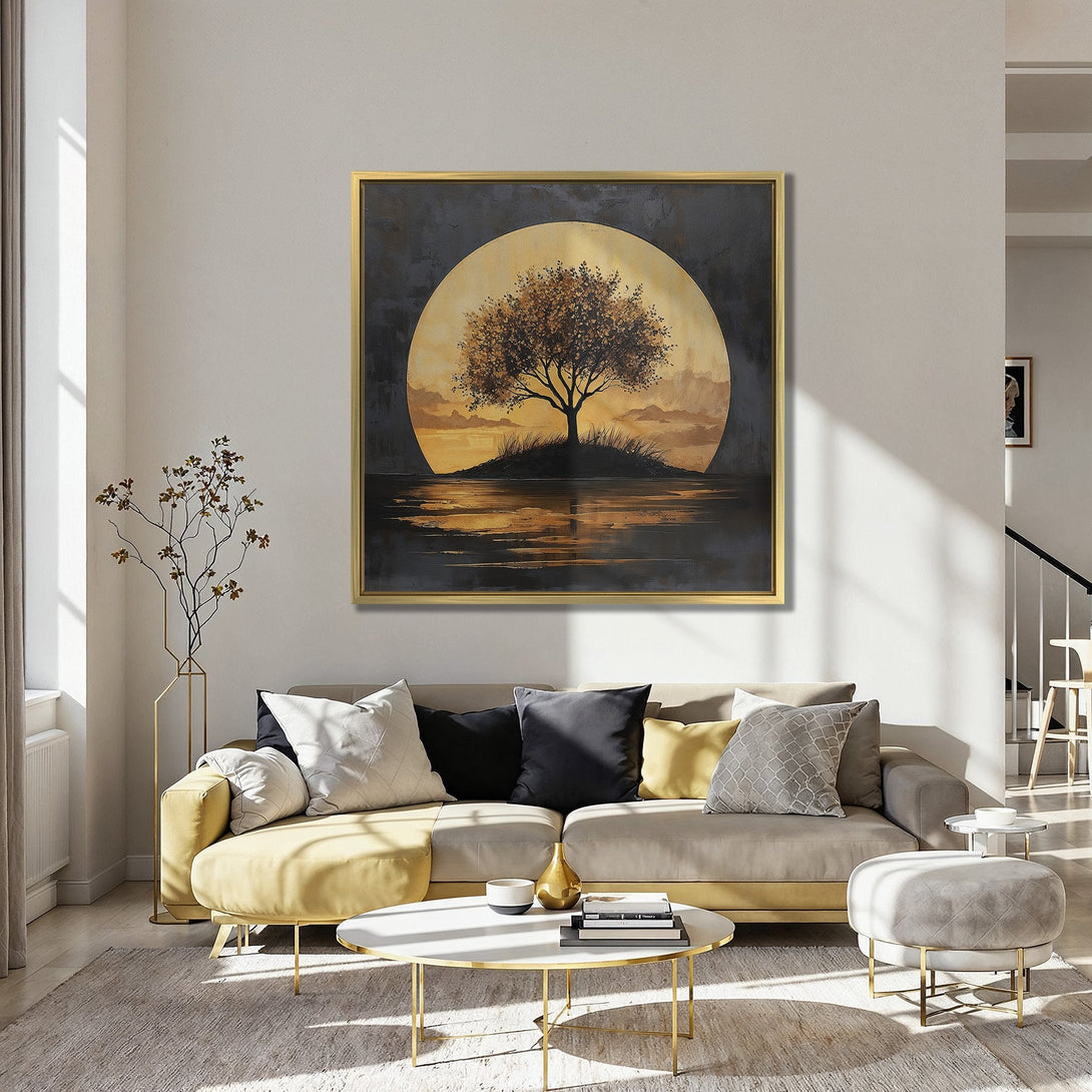 Canvas Print of a tree silhouette against a golden sunset. Warm, earthy tones of gold, brown, and black create a serene, artistic vibe. Perfect wall decor.