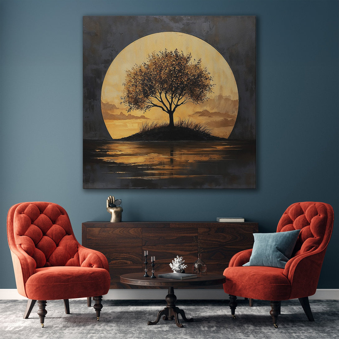 Framed Wall Art: Abstract tree painting in warm gold and black tones. Modern decor accentuates living room with a calming, nature-inspired aesthetic.