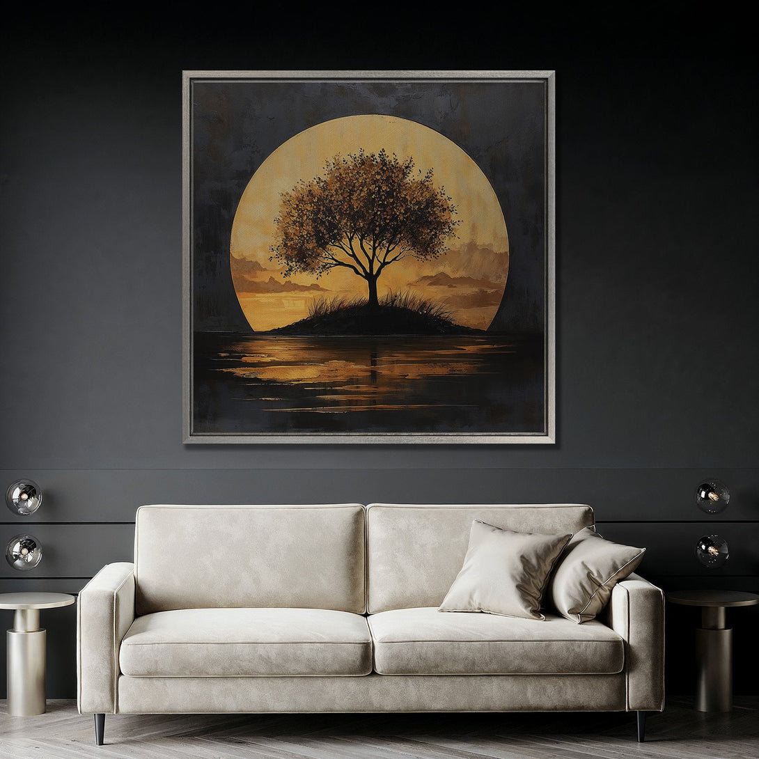 Framed Wall Art: Abstract tree landscape in warm gold and black tones. Modern art print for stylish home decor.