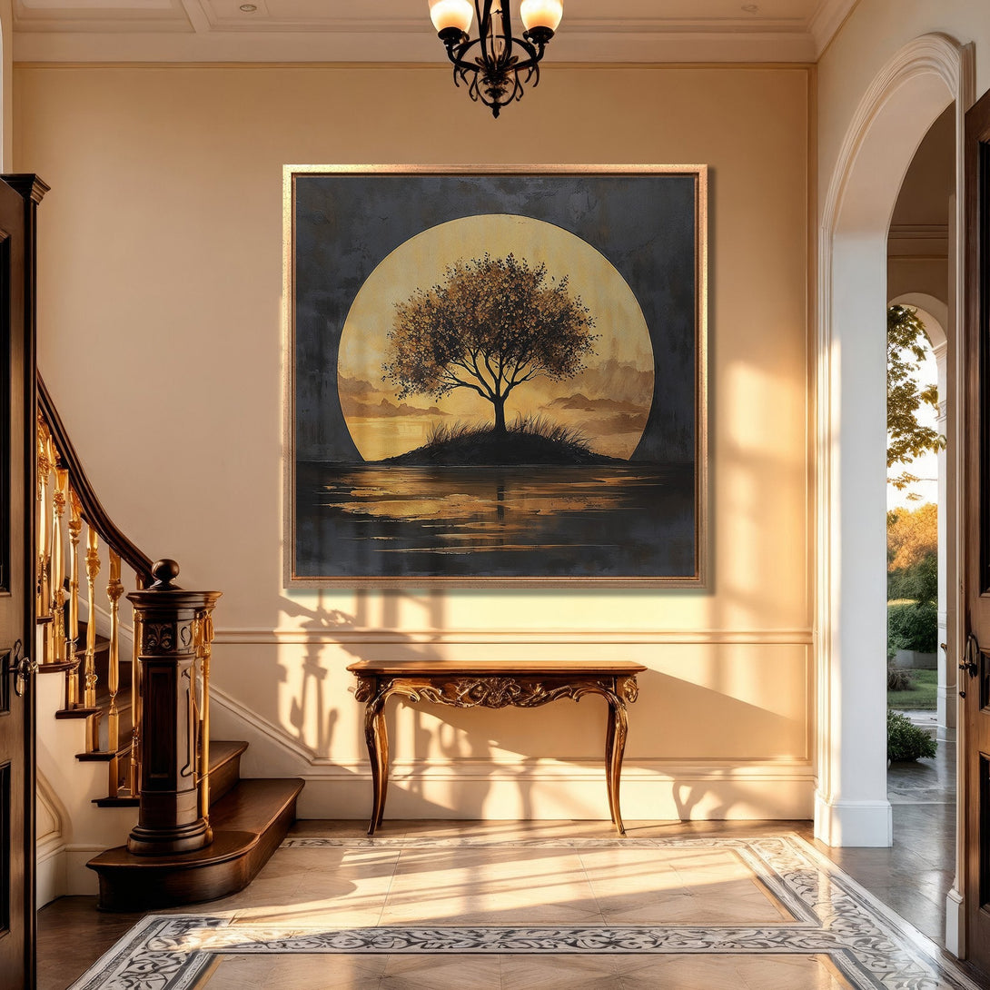 Framed Wall Art: Serene tree landscape in warm gold and black tones. Perfect for adding a touch of elegance to your home decor.