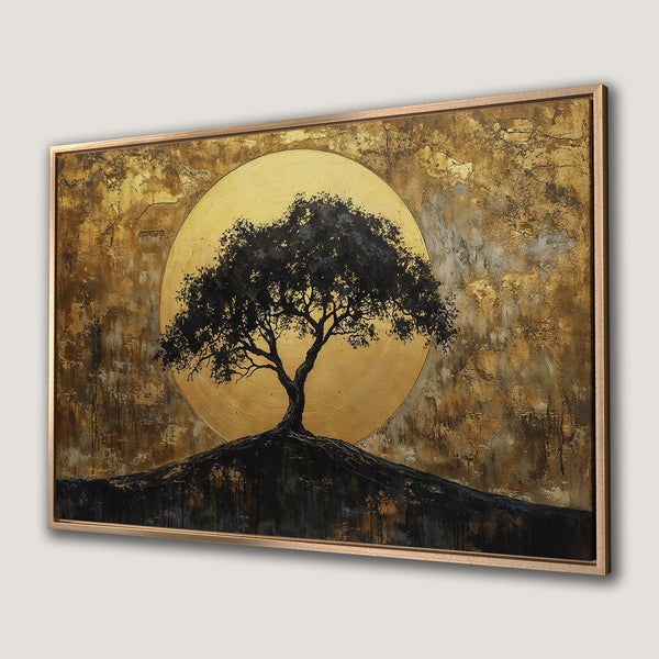 Framed Wall Art: Abstract tree painting with gold and black color palette. Modern art for your home. Enhance your space with this canvas print.