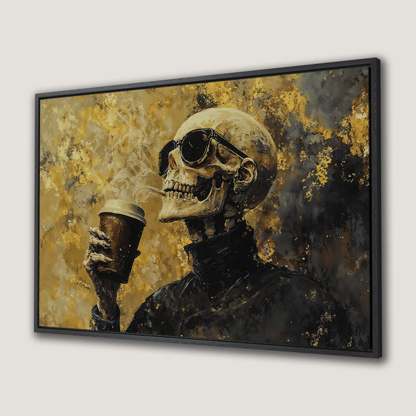 Framed Wall Art: Cool skeleton with sunglasses and coffee, abstract style, gold and black palette. Unique wall decor for a modern home.