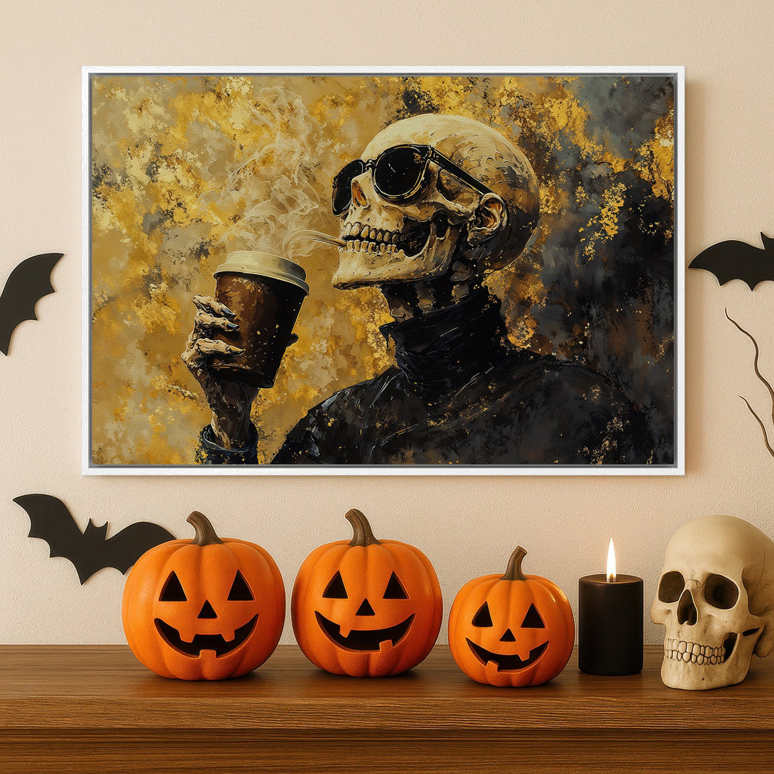 Framed Wall Art: Spooky skeleton enjoying coffee. Abstract style with gold, black, and brown tones. Perfect Halloween decor for your home!