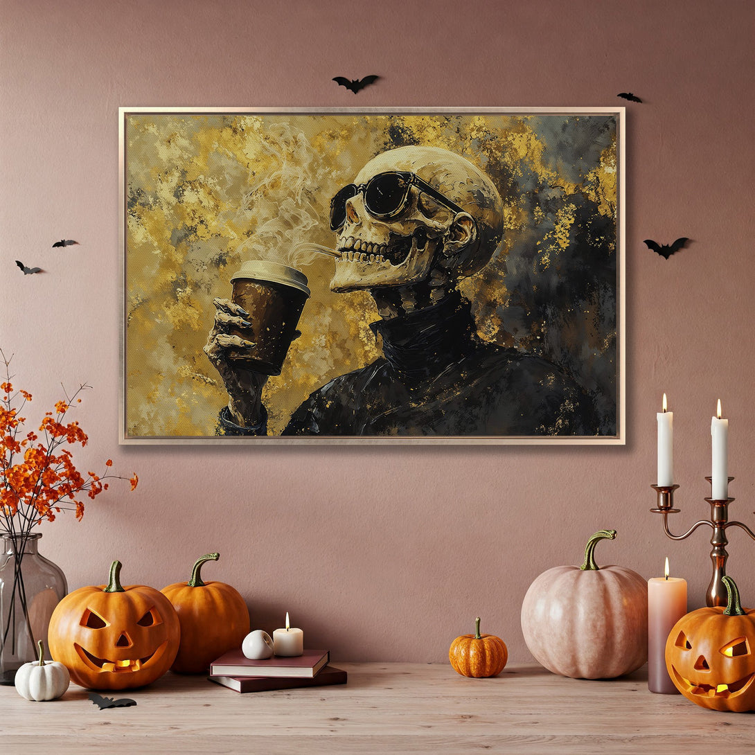 Framed Wall Art: Spooky skeleton enjoying coffee. Abstract style with gold, black, and brown tones. Perfect Halloween decor!