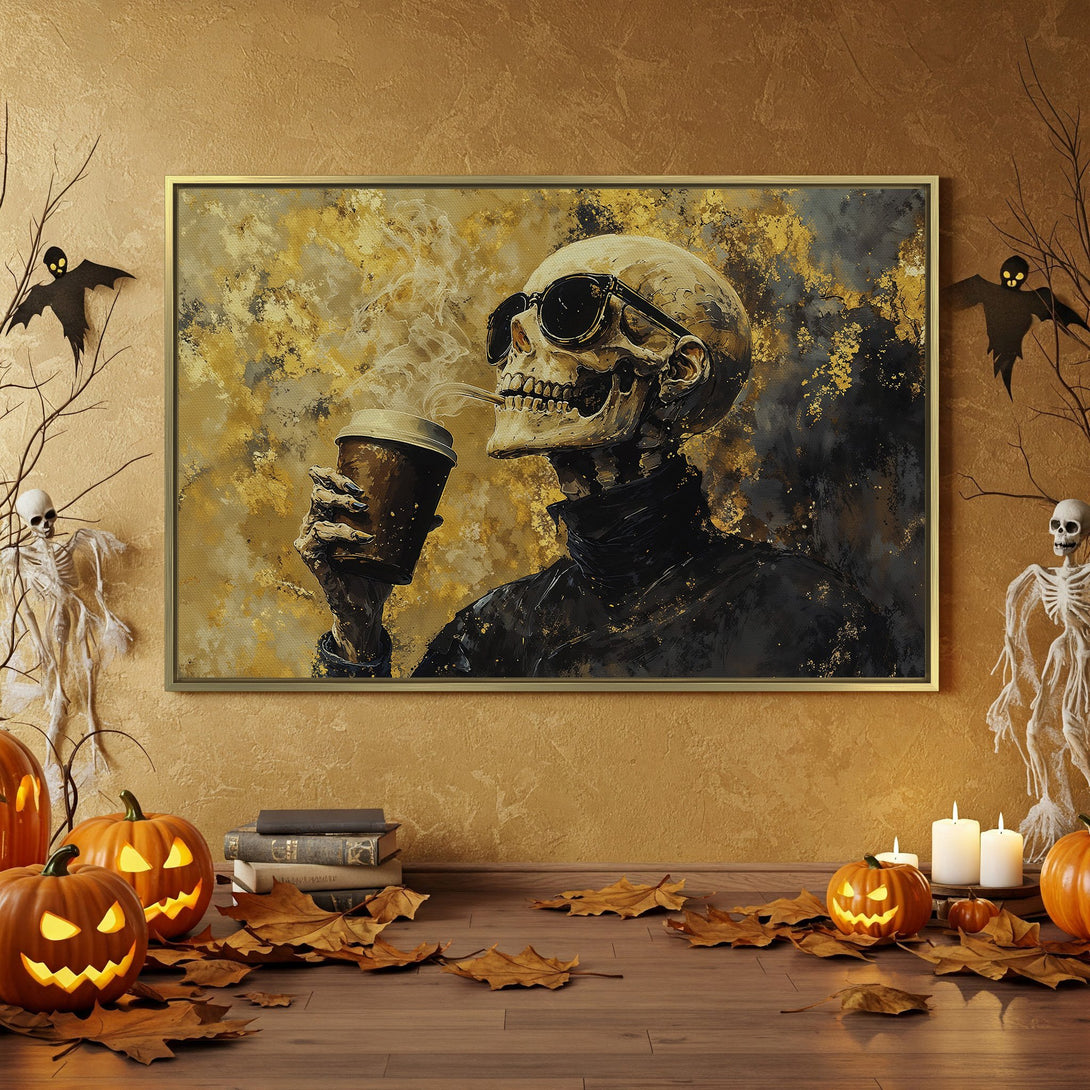 Halloween Canvas Print featuring a skeleton enjoying coffee, set in a spooky interior with orange and black accents. Modern art for your home!