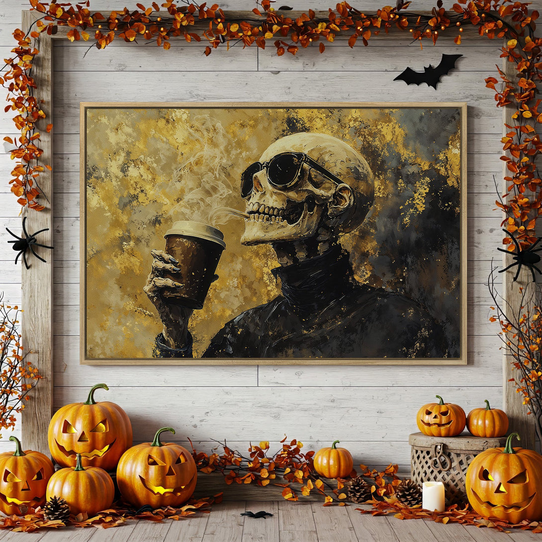 Framed Wall Art: Spooky skeleton with coffee, abstract style, gold & black color palette, perfect for Halloween decor.
