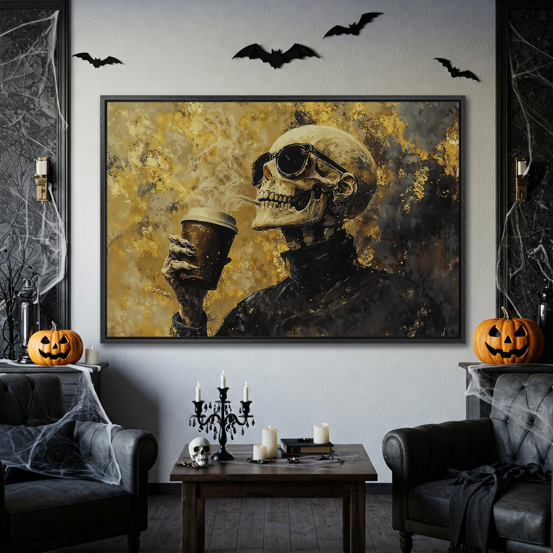 Framed Wall Art: Cool skeleton art with gold & black abstract background. Perfect Halloween decor! Add spooky style to your home with this canvas print.
