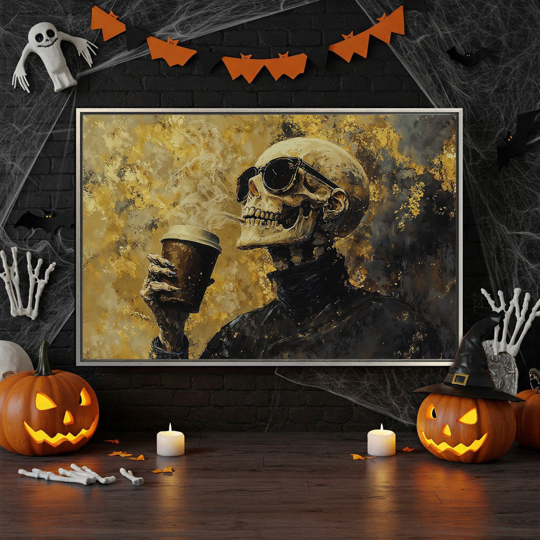 Framed Wall Art: Cool skeleton with coffee, gold and black abstract art. Perfect Halloween decor. Modern, edgy canvas print for your home.