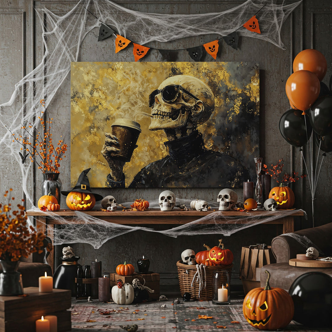 Framed Wall Art: Spooky skeleton enjoying coffee. Abstract art style with gold, black, and tan color palette. Perfect Halloween decor!