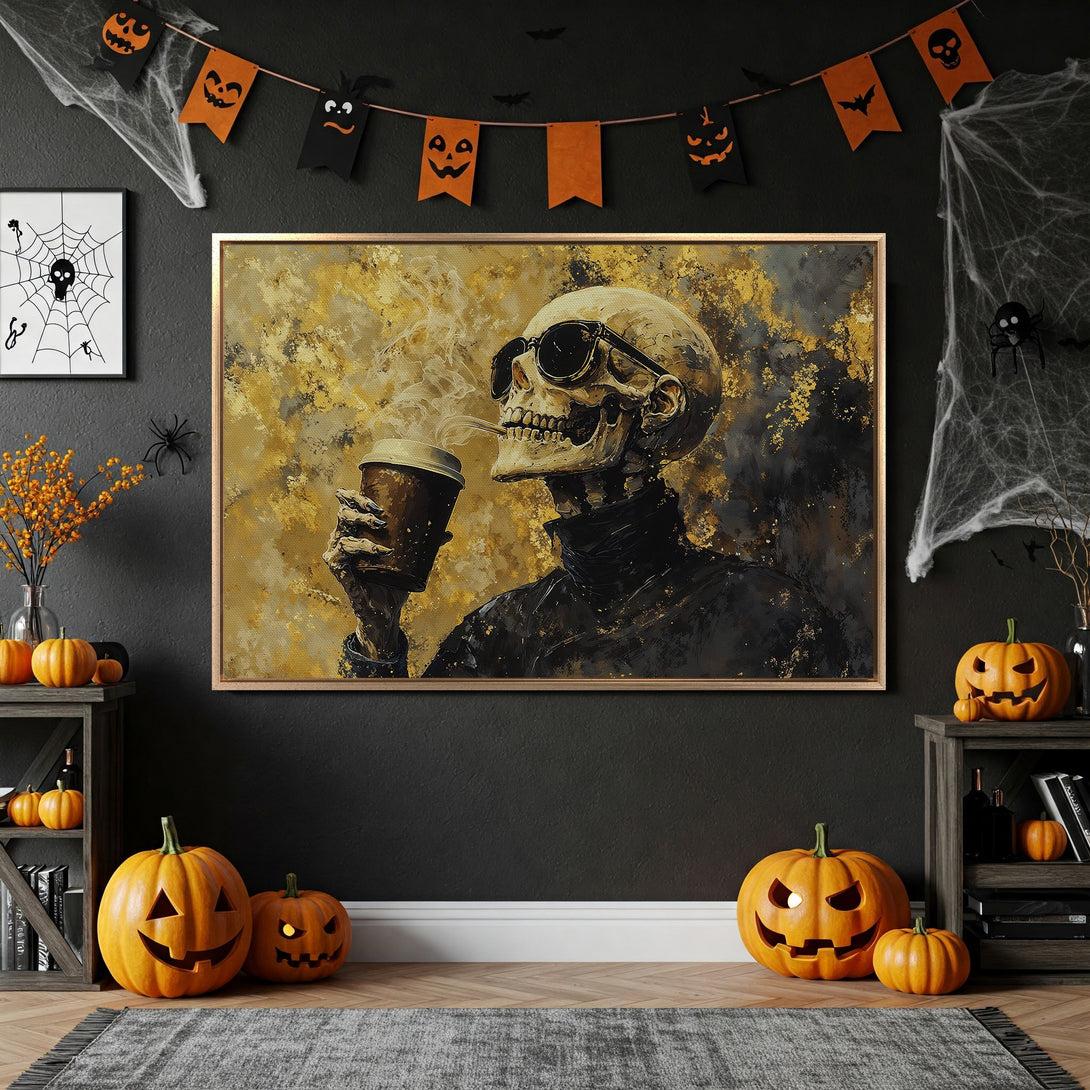 Framed Wall Art: Spooky skeleton art in gold and black, perfect Halloween decor. Abstract style canvas print with a cool, dark aesthetic.