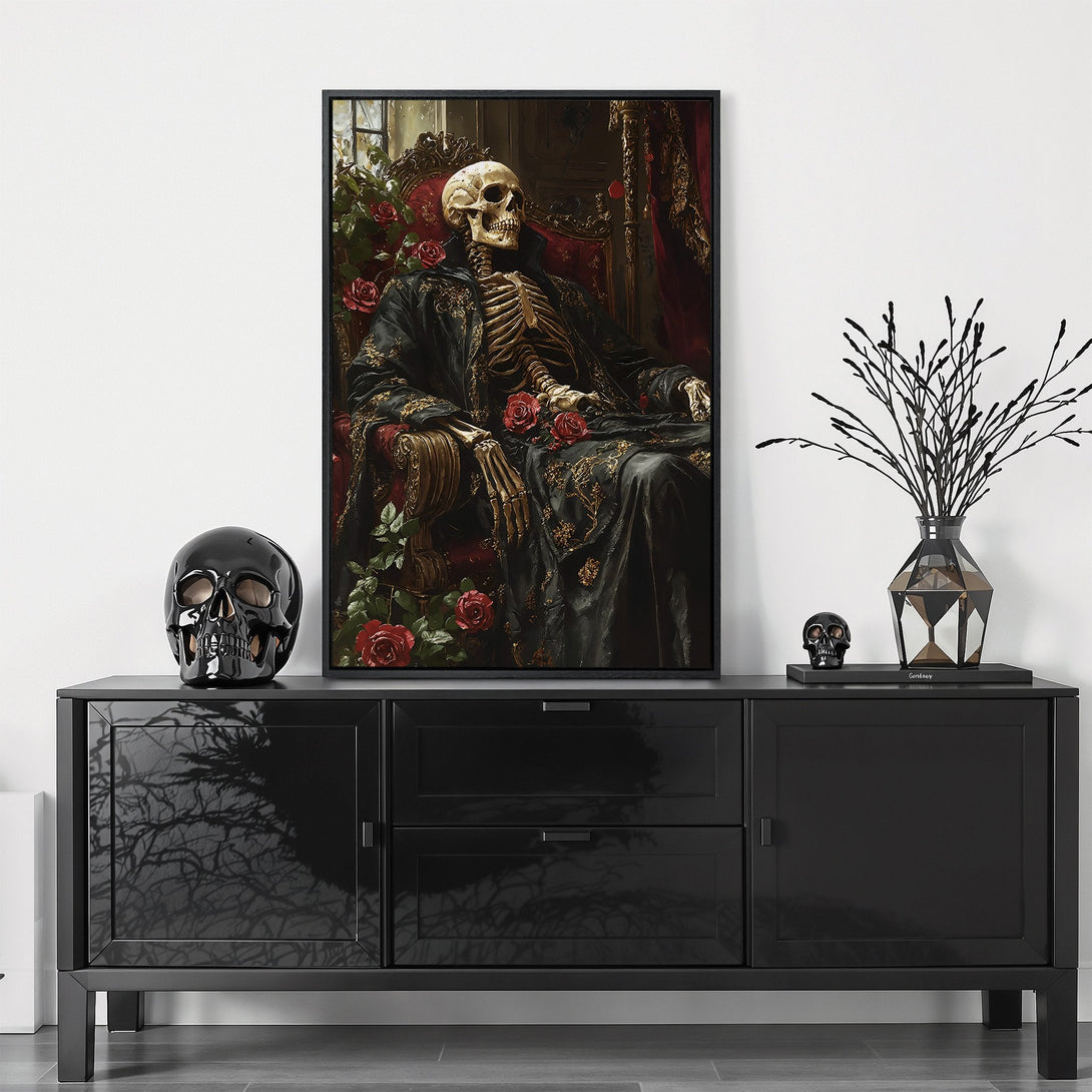 Framed Wall Art featuring a skeleton king in a gothic style, with a dark and moody color palette of black, red, and gold. Perfect for a unique home decor statement.