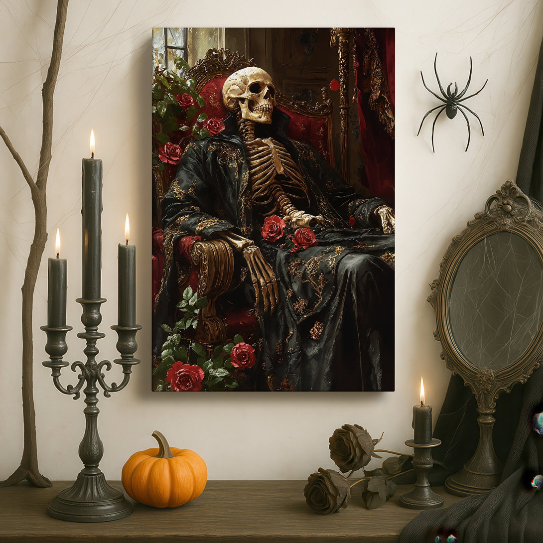 Framed Wall Art: Gothic skeleton portrait with red roses, displayed in a dark, luxurious interior. Moody, dramatic art with a rich, dark color palette.