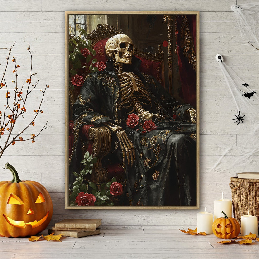 Framed Wall Art: Gothic skeleton portrait with roses, a dark and dramatic canvas print in black, red, and gold, perfect for Halloween decor.
