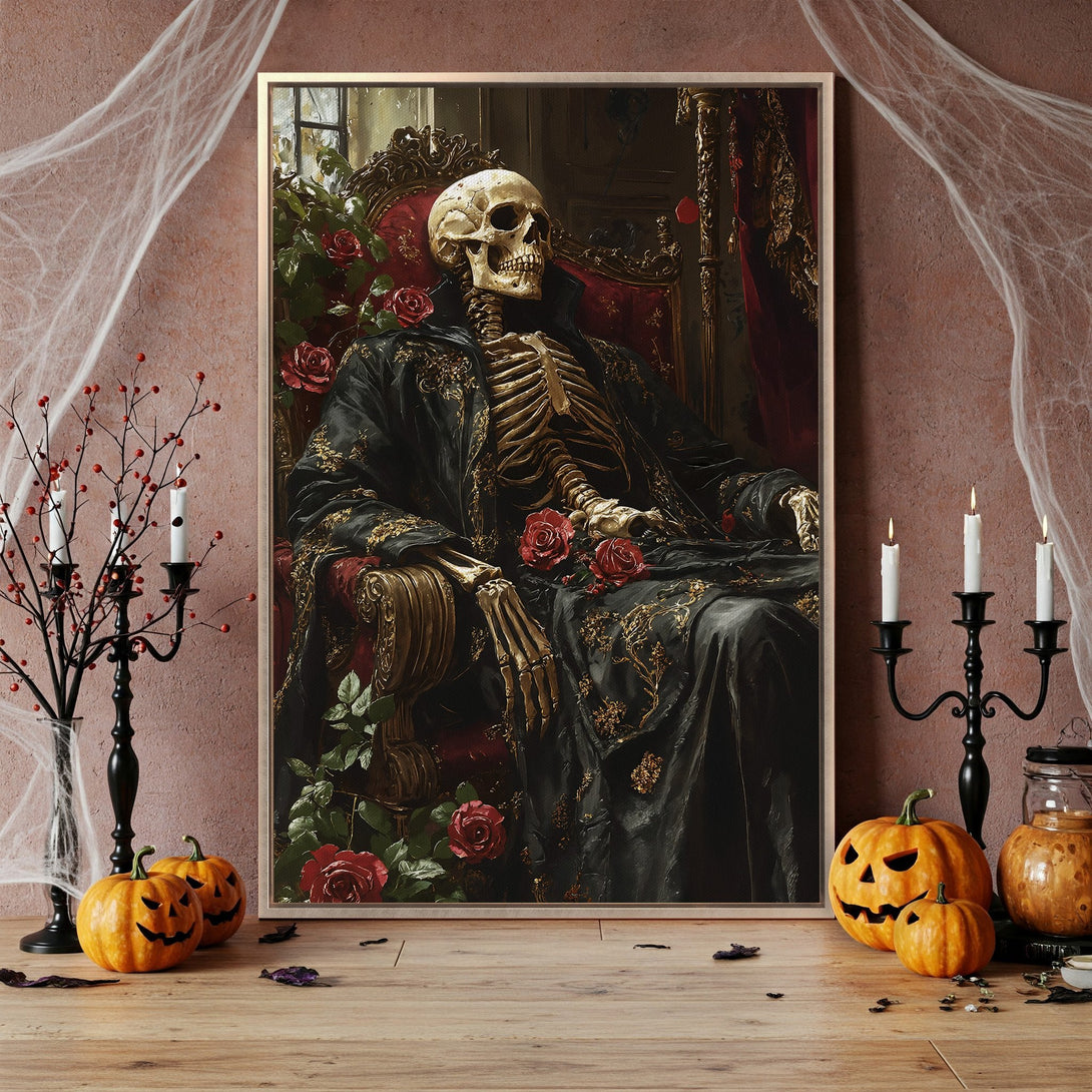 Framed Wall Art: Gothic Skeleton print with red roses, black & gold accents. Dark, moody color palette perfect for Halloween decor. Add a touch of macabre elegance!