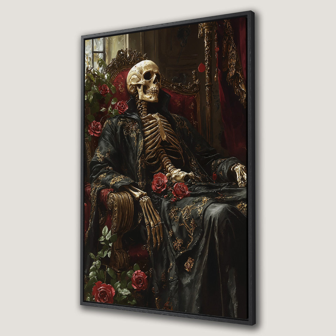 Framed Wall Art: Gothic skeleton portrait with red roses, dark & gold accents. Elegant Canvas Print for a unique, dramatic interior design.
