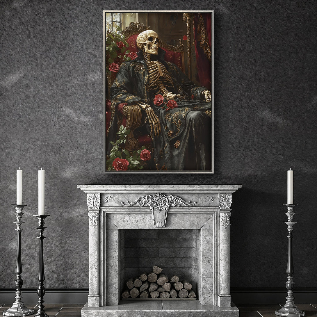 Framed Wall Art featuring a skeleton in regal attire, surrounded by roses. Gothic style in a dark, moody color palette. Elevate your space with this unique piece!