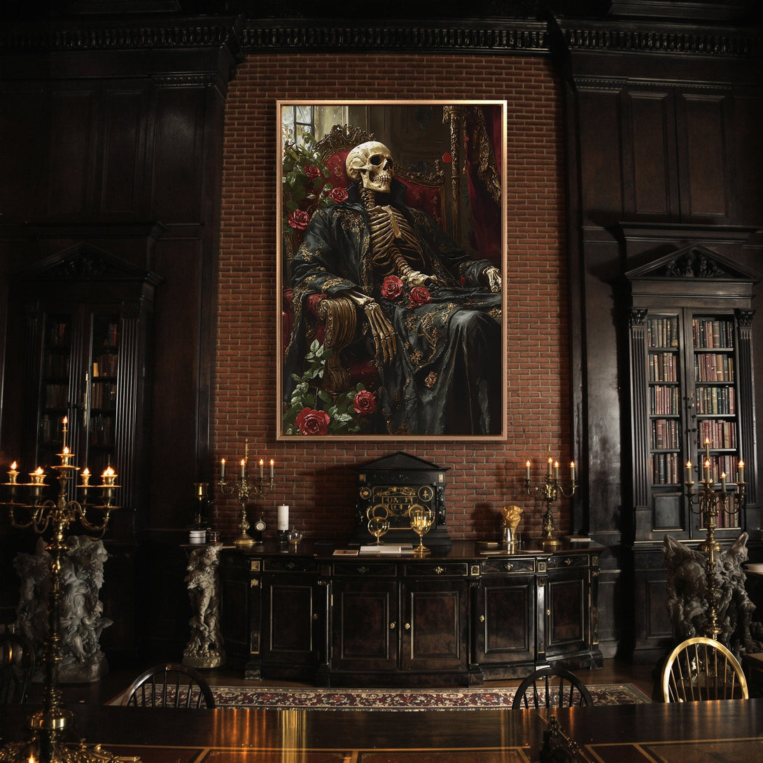 Framed Wall Art: Gothic skeleton portrait with red roses, displayed in a dark, moody interior. Rich, dark color palette for a dramatic statement piece.
