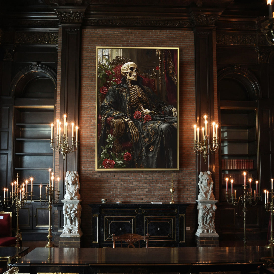 Canvas Print: Gothic skeleton portrait with red roses, dark & moody color palette. Perfect Halloween decor!