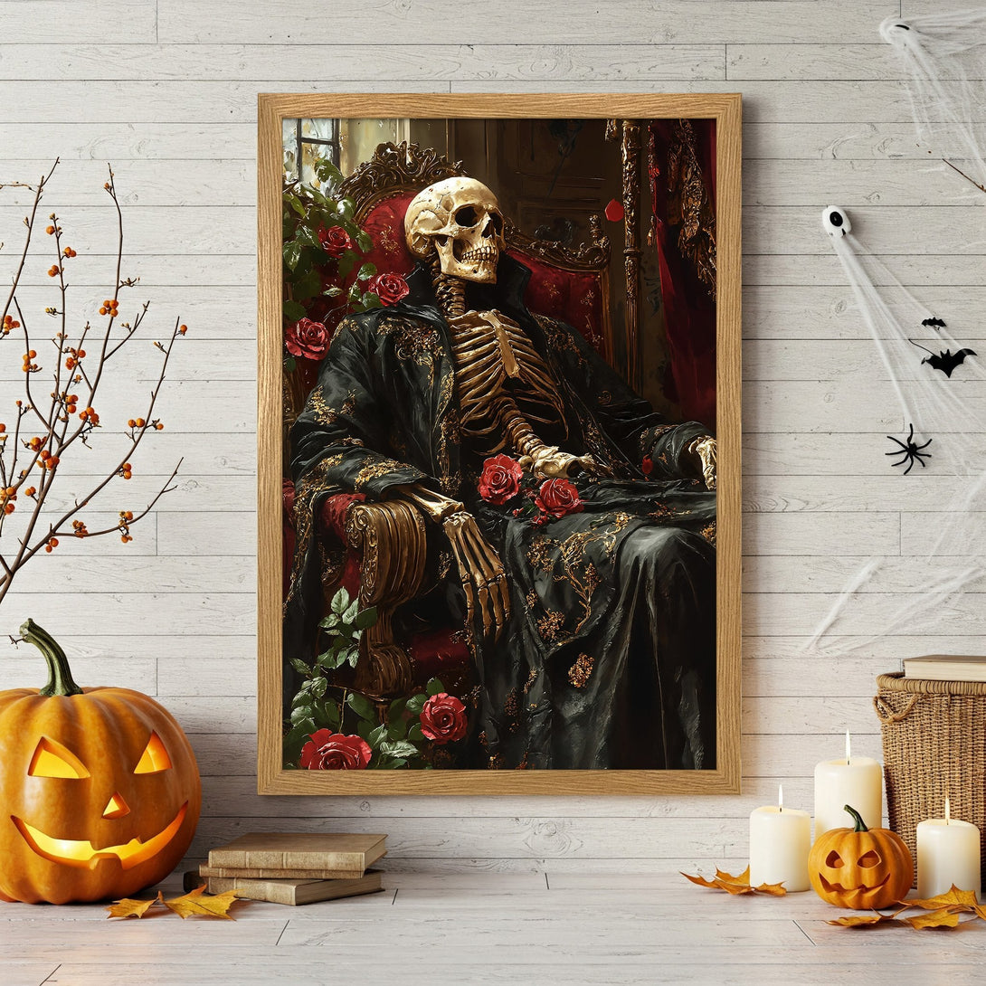 Framed Poster featuring a skeleton in ornate attire, gothic style, with a dark and red color palette, perfect for Halloween decor.