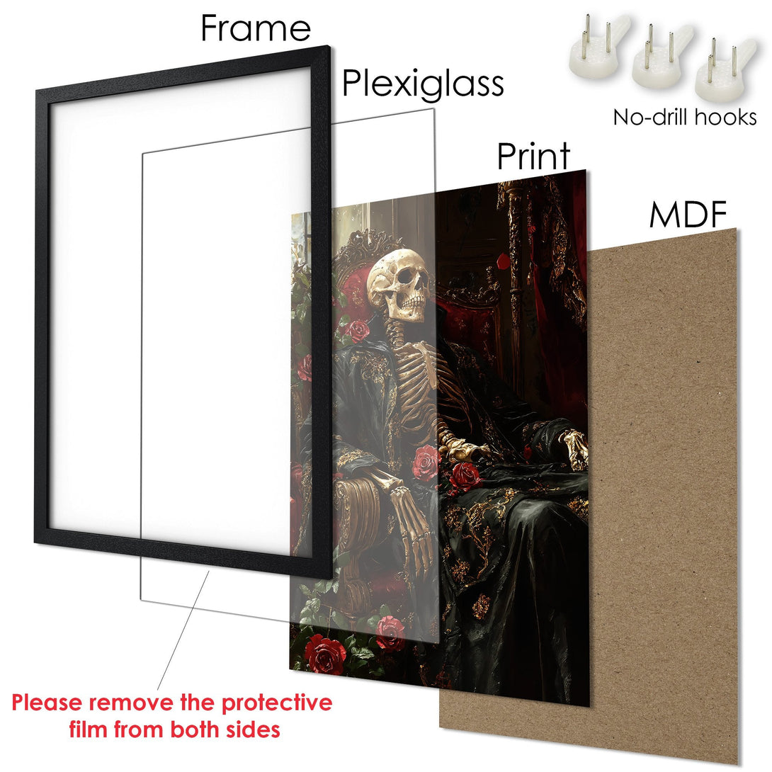 Framed Poster: Gothic skeleton art print in black, red, and gold. Perfect wall decor for a unique, dark aesthetic.