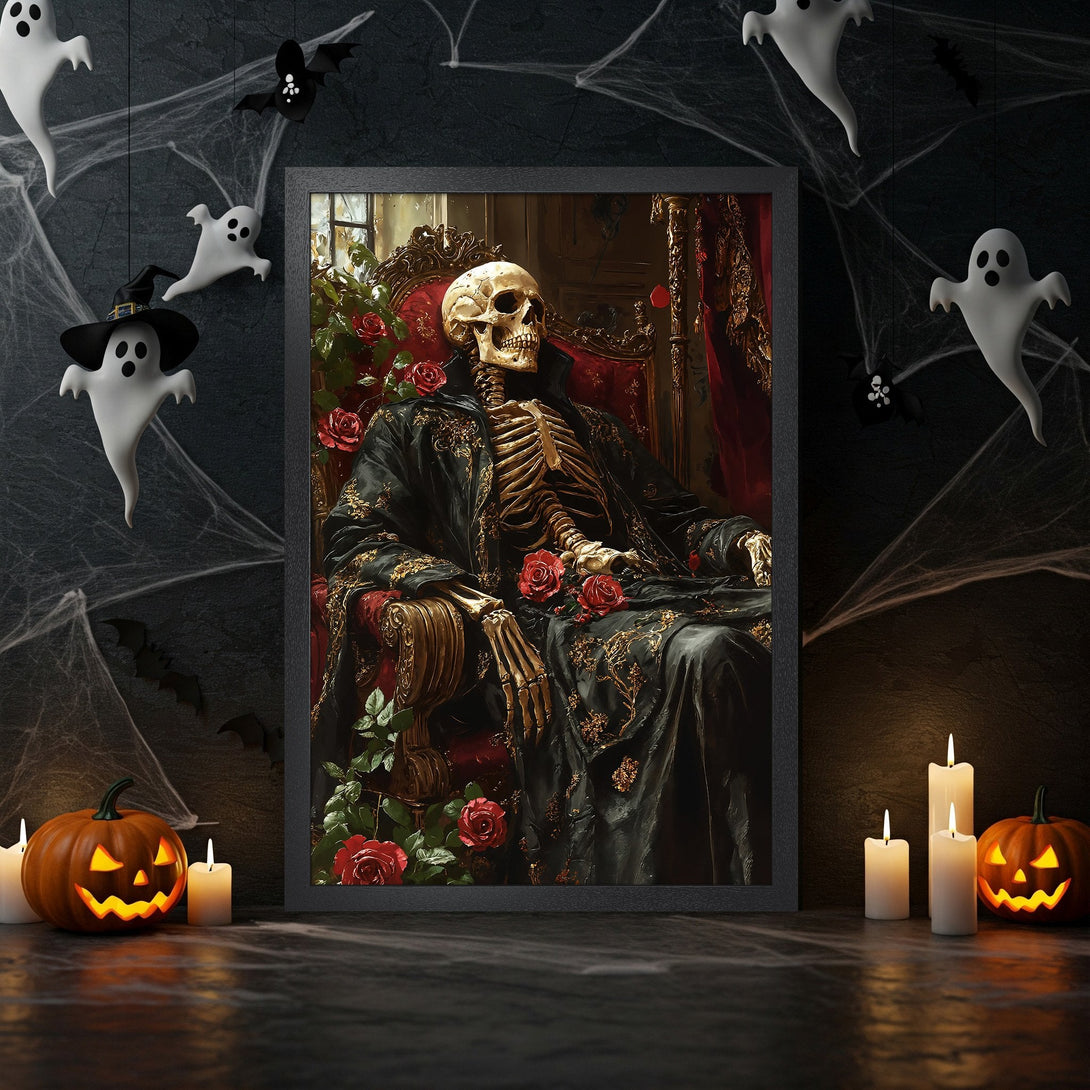 Framed Poster featuring a skeleton in gothic style, with a dark, moody color palette. Perfect Halloween decor!