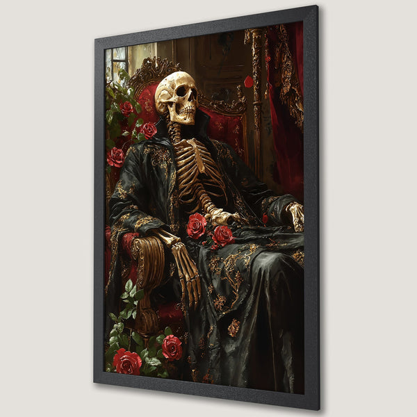 Framed Poster featuring a skeleton in opulent attire, gothic style, with a dark, rich color palette of black, gold, and red.