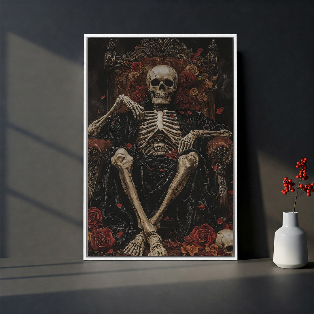 Framed Wall Art: Gothic skeleton on throne with red roses. Dark, moody color palette. Add a touch of edgy art to your home decor.