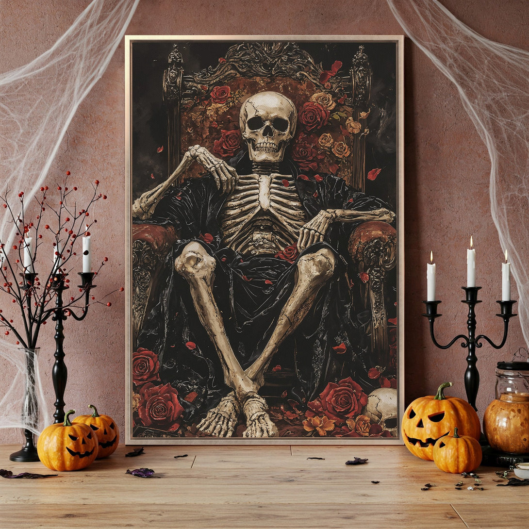 Framed Wall Art: Spooky skeleton on a throne with roses. Dark, gothic style in a red and black color palette. Perfect Halloween decor!
