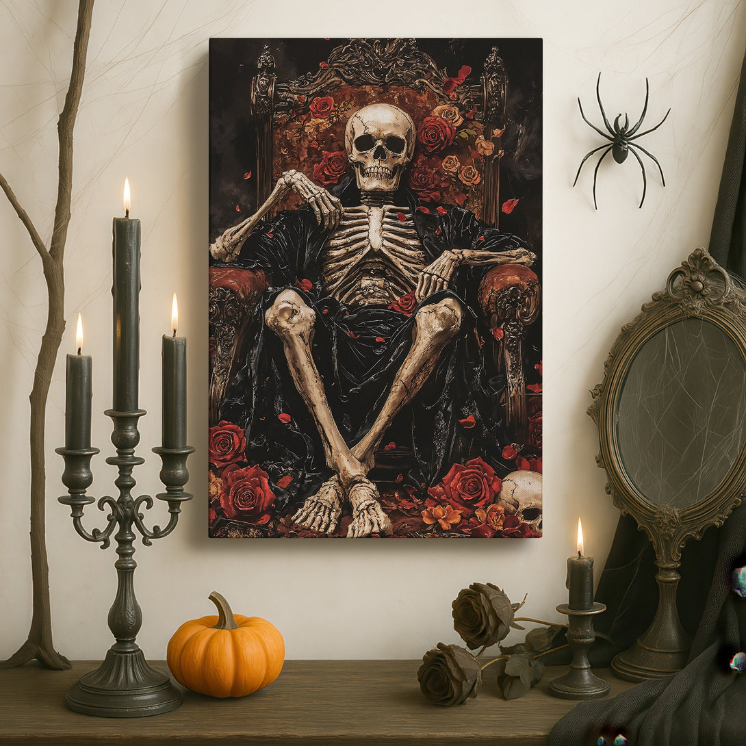 Framed Wall Art featuring a skeleton king on a throne, gothic style with red and black color palette, perfect for dark decor.