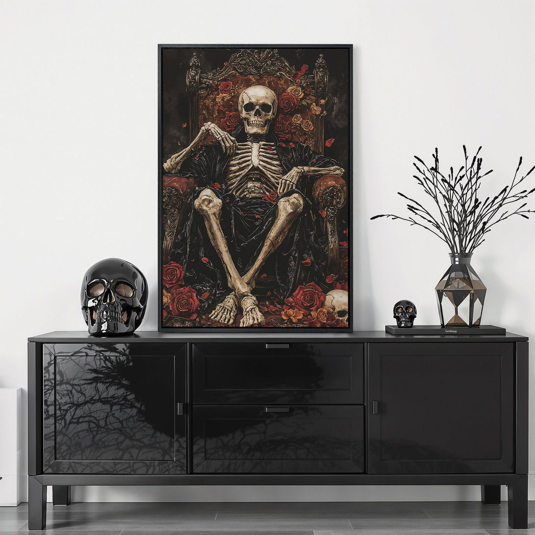 Framed Wall Art: Gothic skeleton print with a dark, moody color palette. Perfect for adding a touch of edgy elegance to your home decor.