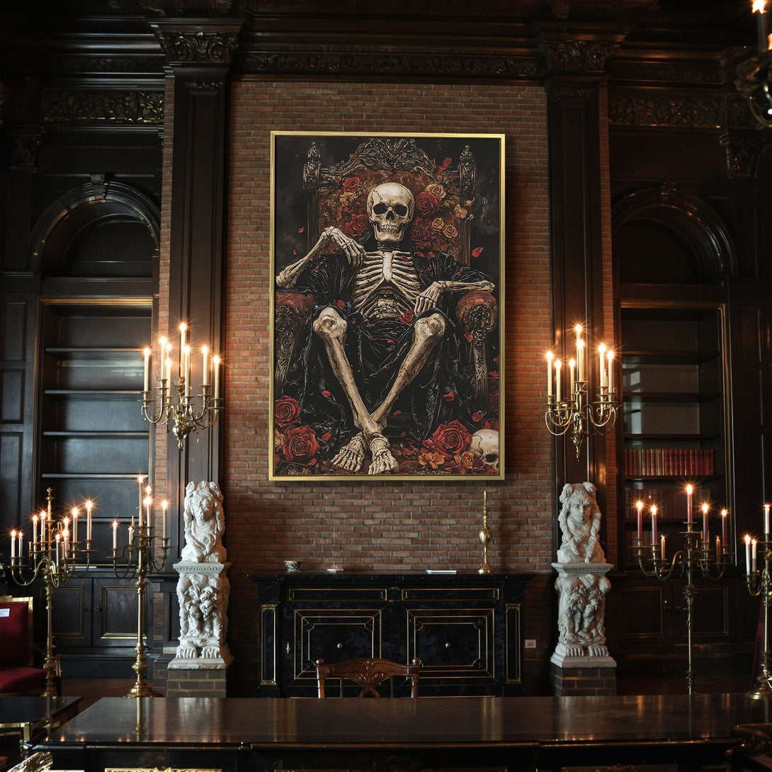 Canvas Print: Gothic skeleton on a throne, surrounded by roses. Dark, moody color palette with reds, blacks, and creams. Perfect Halloween decor!