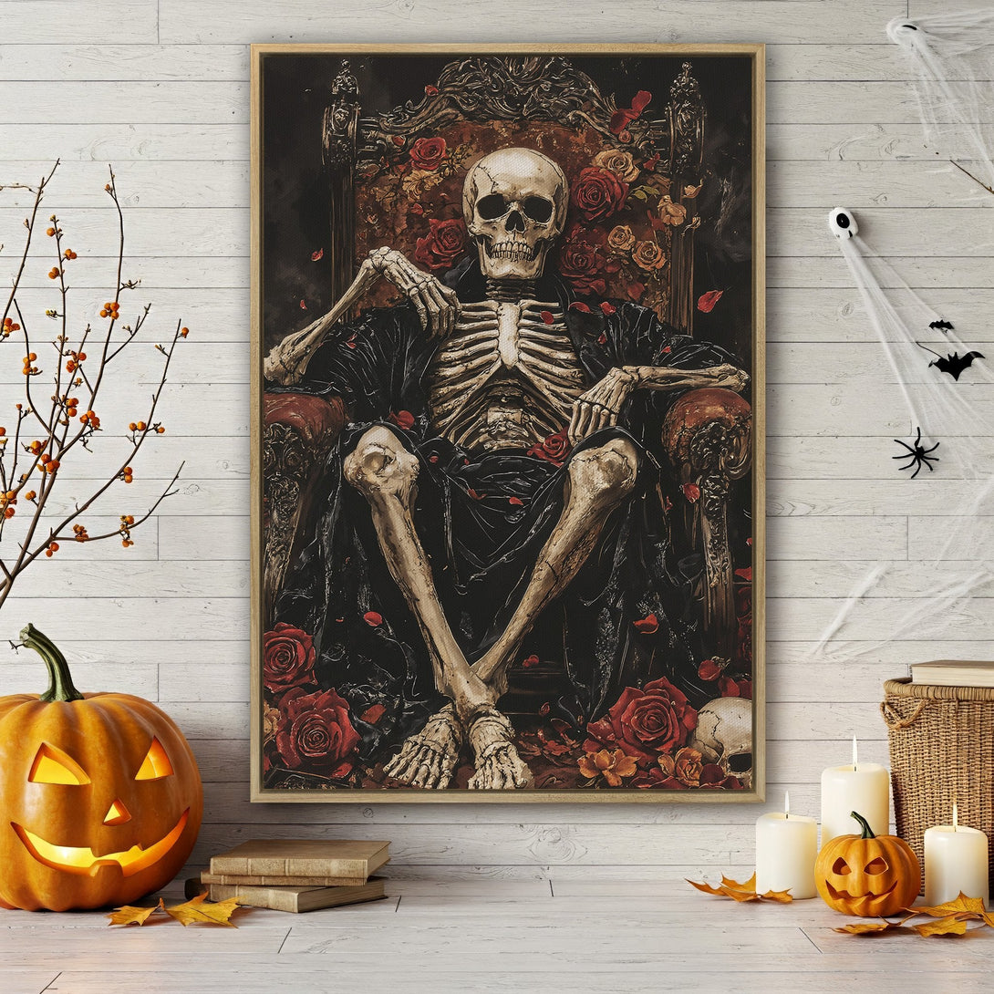 Framed Wall Art featuring a regal skeleton on a throne, surrounded by roses. Gothic style with a dark, moody color palette perfect for Halloween decor.