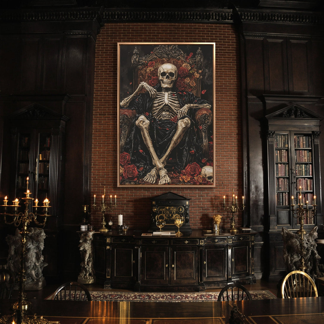Framed Wall Art featuring a skeleton on a throne, gothic style, with a dark, moody color palette. Perfect for adding a unique touch to any space.